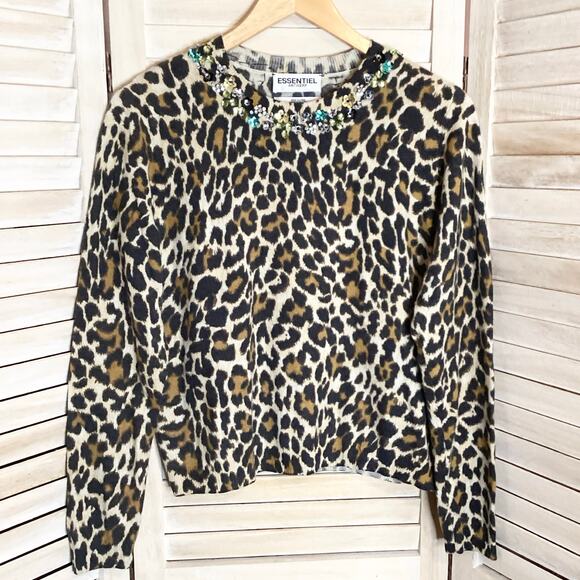 Essential Antwerp Wool Cashmere Leopard Beaded Neckline Sweater S - Picture 4 of 12